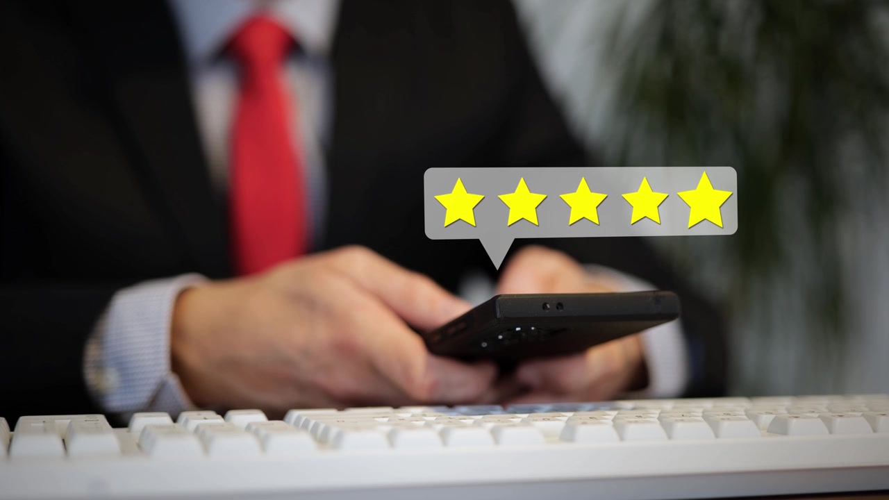 Kunde taster på en smartphone med et digitalt overlay af fem stjerner. Koncept for feedback, succes og fremragende service til luksuskunder