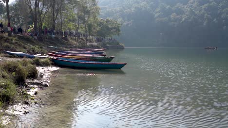 Slow-pedestal-shot-of-paddle-boats-parked-at-the-shore-of-Fewa-Lake