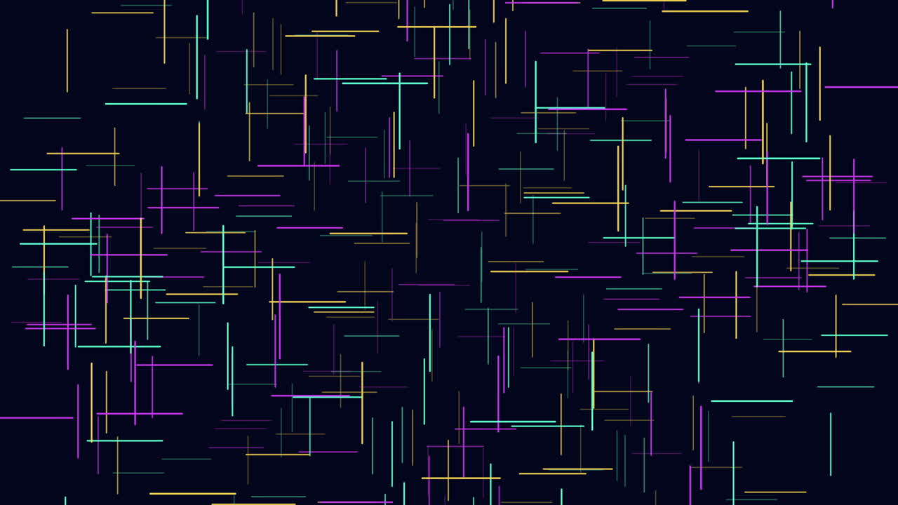 Colorful neon lines and rectangles move across a dark background, forming an abstract geometric grid. Futuristic digital tech backdrop for interfaces, data, and motion design