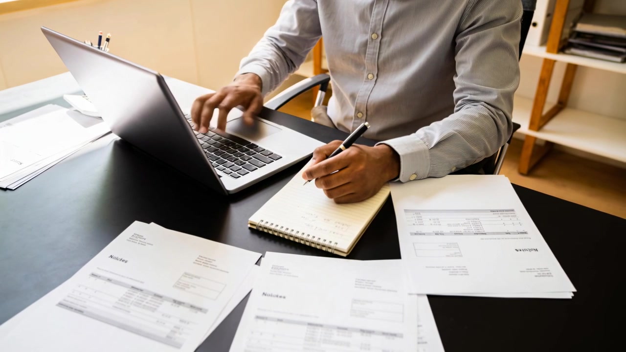 Starting work, man in light shirt alternating typing, checking invoices on laptop, notepad at desk