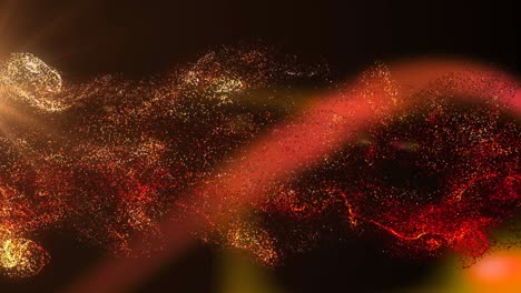 animación de nubes de partículas blancas, rojas y naranjas y luz roja moviéndose sobre un fondo negro