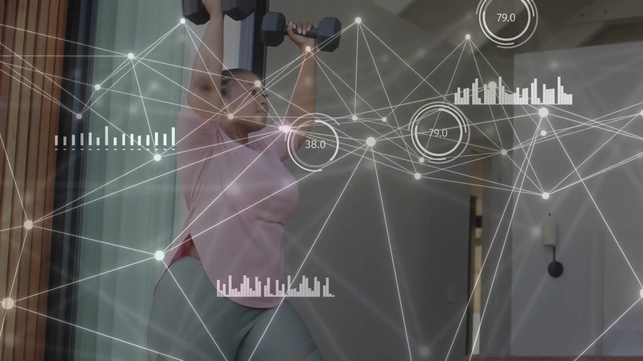 Woman at home holding weights bringing to rack pressing overhead with AR updating fitness metrics