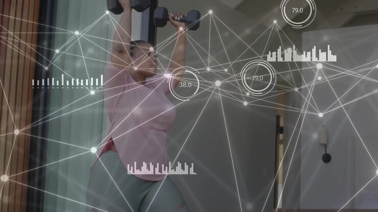 Woman at home holding weights bringing to rack pressing overhead with AR updating fitness metrics