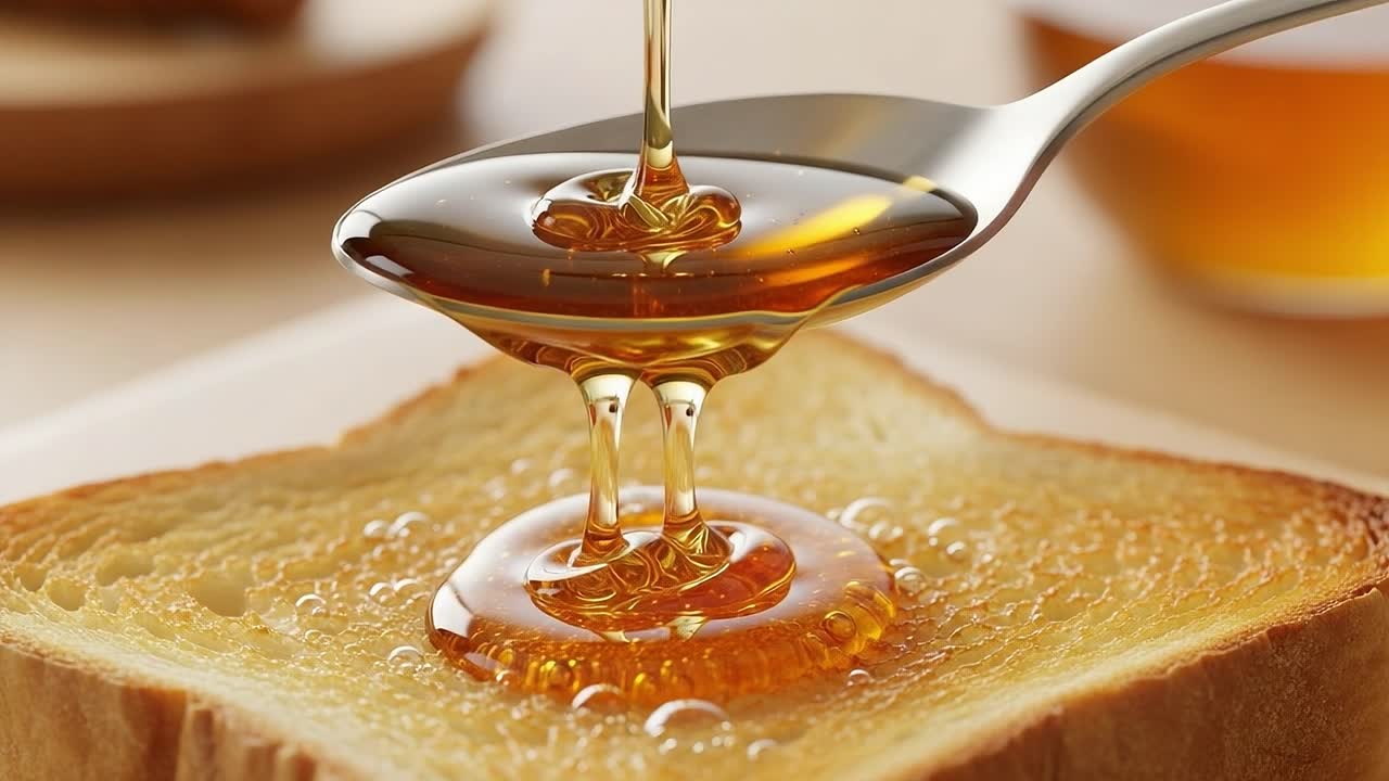 Deliziosa Colata di Miele Dorato su Pane Perfettamente Tostato Cattura l'Essenza della Dolce Indulgenza della Colazione in una Vista Ravvicinata