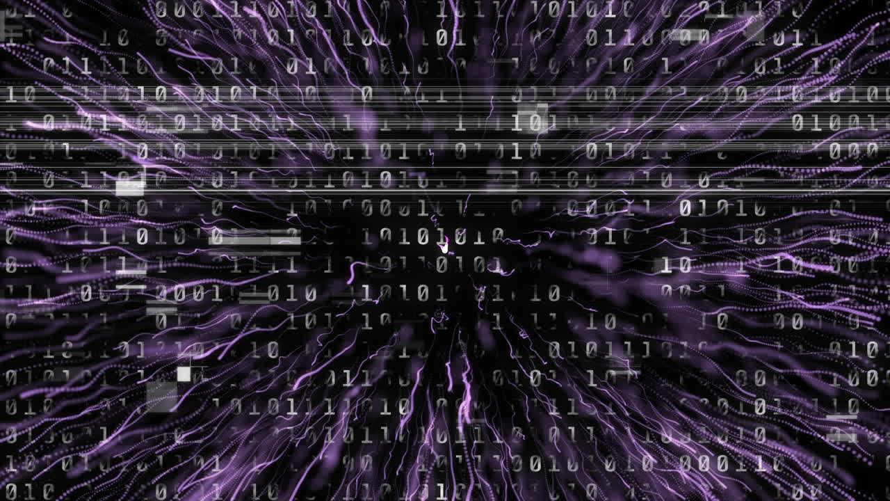 Animation of binary coding processing over abstract explosion of purple light trails