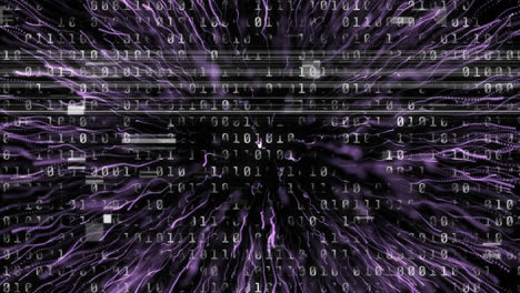 animation of binary coding processing over abstract explosion of purple light trails
