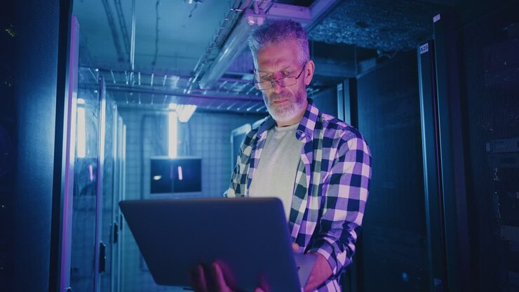 Technician working in a data center at night