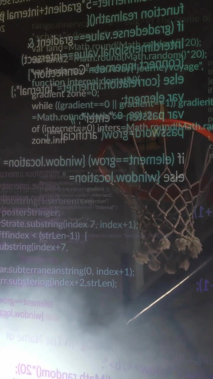 Vertical video: Player grabbing ball dunking rim, code over hoop and fog, camera rotating for tech