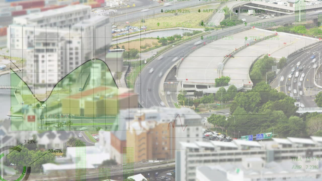 도시 풍경 위의 금융 데이터 처리 애니메이션