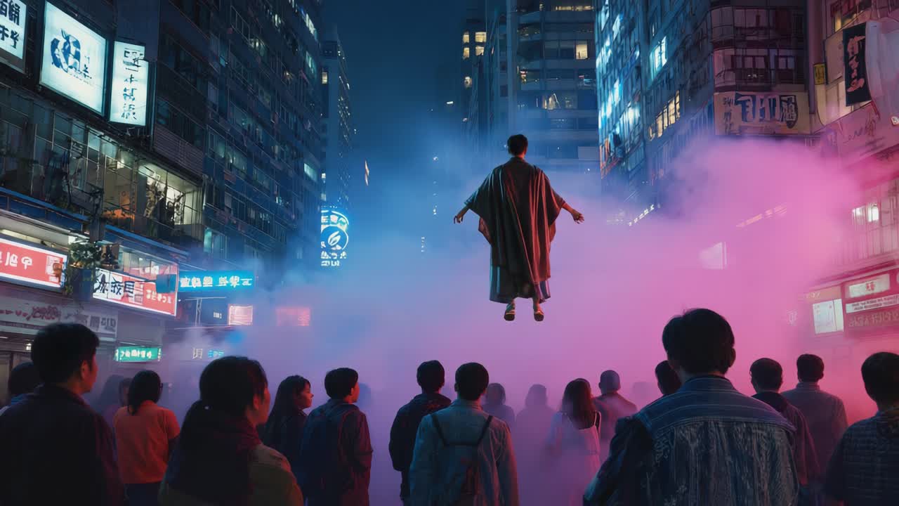 Person Levitating in a Futuristic Asian City