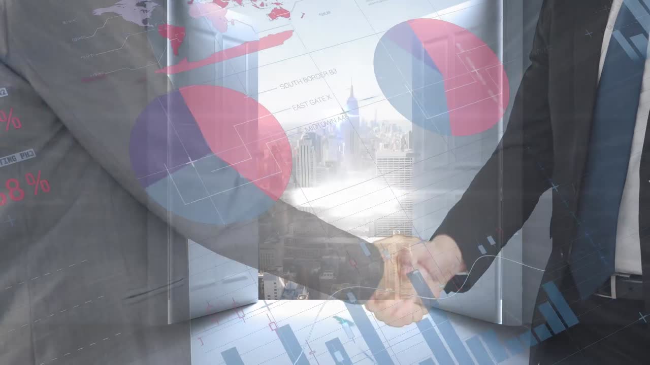 다양한 사업가들이 손을 흔들고 도시 풍경에 대한 금융 데이터와 그래프의 애니메이션