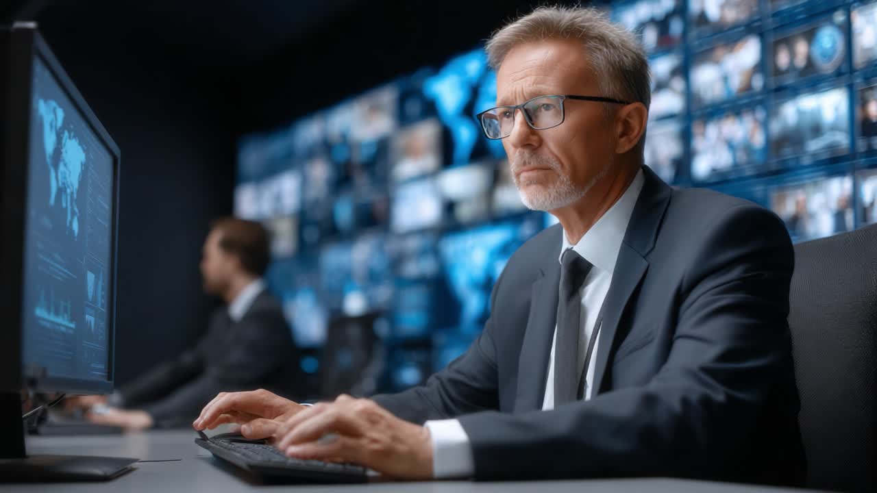 A Focused Professional Analyzing Data at a Control Center Surrounded by Multiple Screens Displaying Information and Insights to Drive Decisions