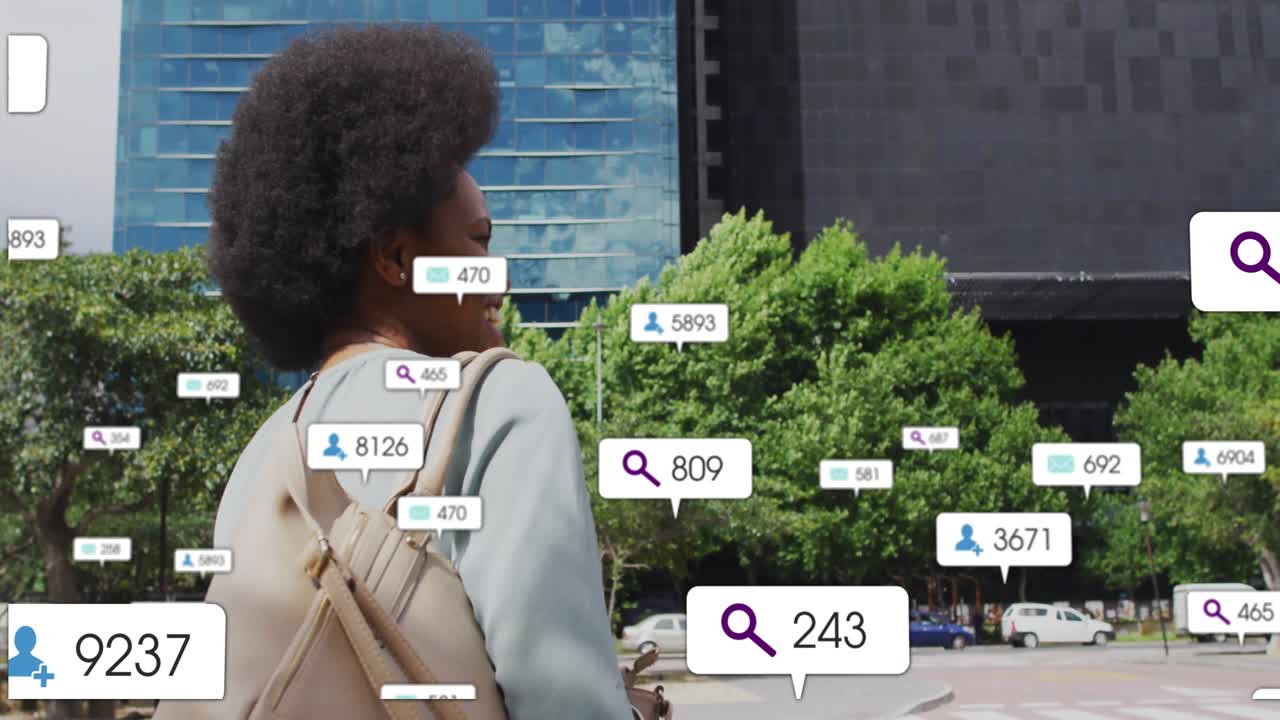 Search icon appearing initiating social media icons growing around walking woman waving