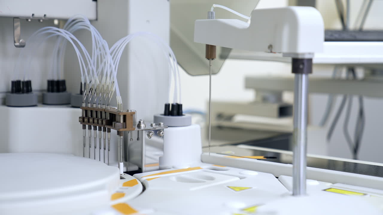 Special pistons are going up and down at equipment at science laboratory. Carrying out blood testing biomedical analyses in modern clinic.