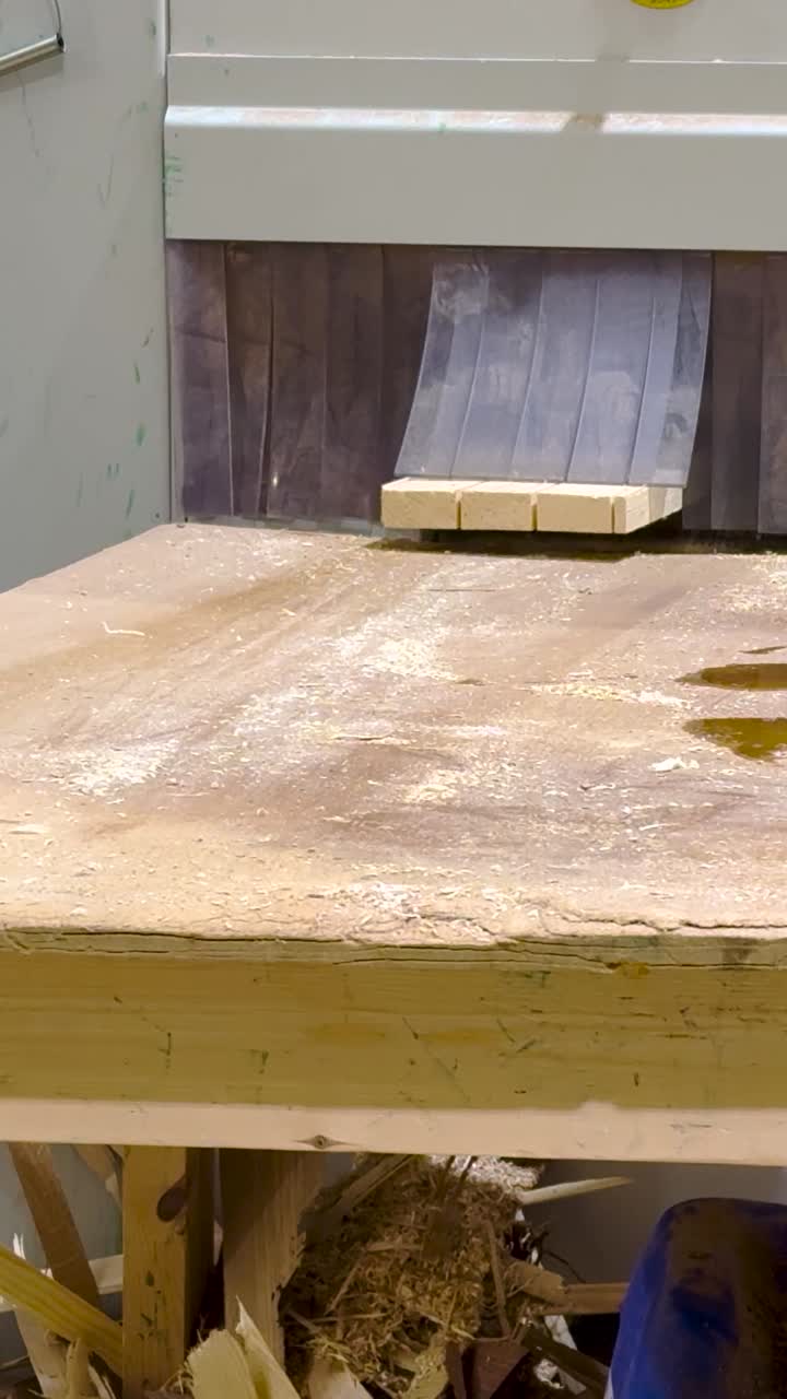 Portrait video of Industrial wood cutting machinery at timber merchant uses saw to split softwood plank into three smaller planks