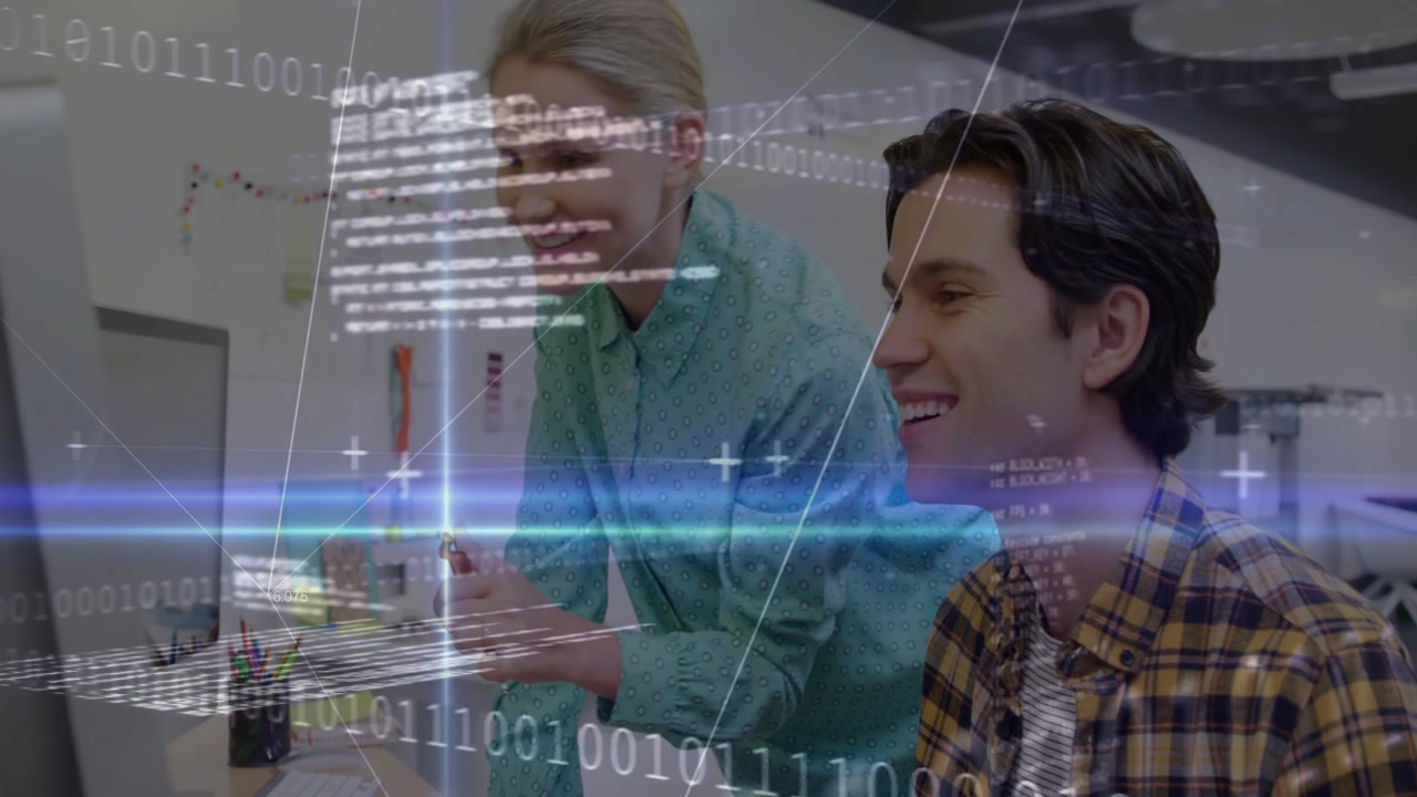 Woman leaning and pointing at monitor, guiding man in tech review with binary overlay and pen