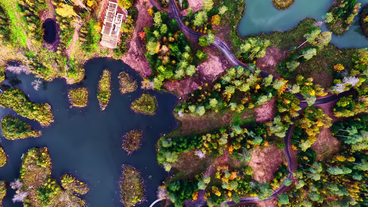 Aerial of small lake and cottages surrounded by autumn forest and winding roads, top down pan