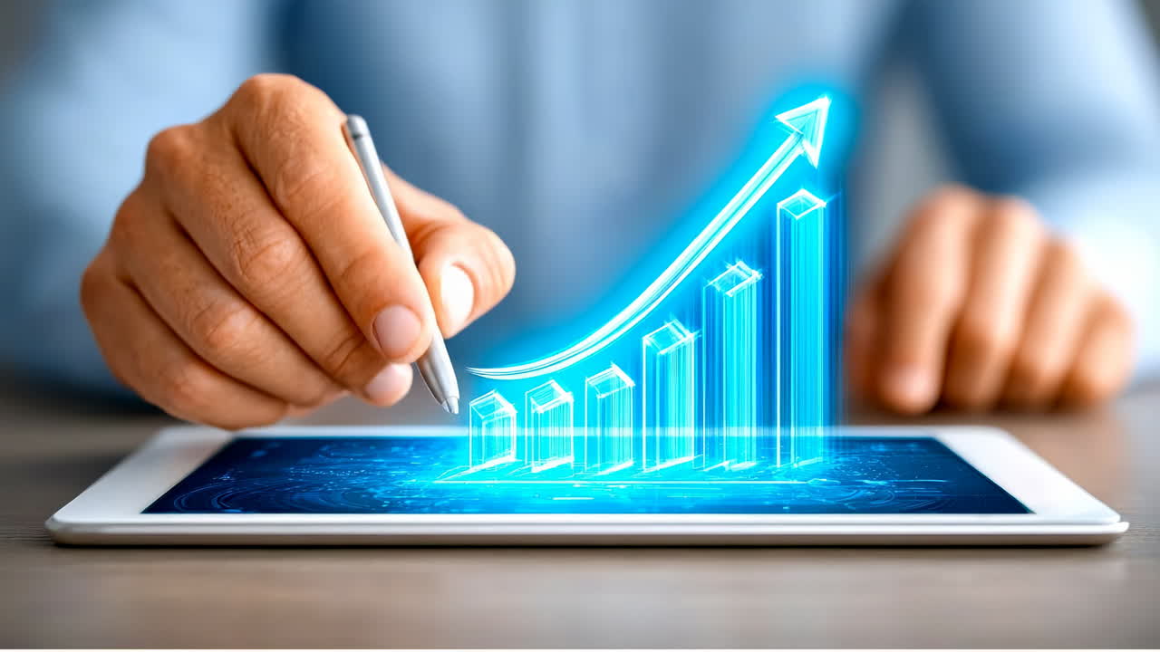 Growth chart drawn on tablet screen. Person uses a stylus to sketch a rising growth chart on a tablet, symbolizing progress and data analysis