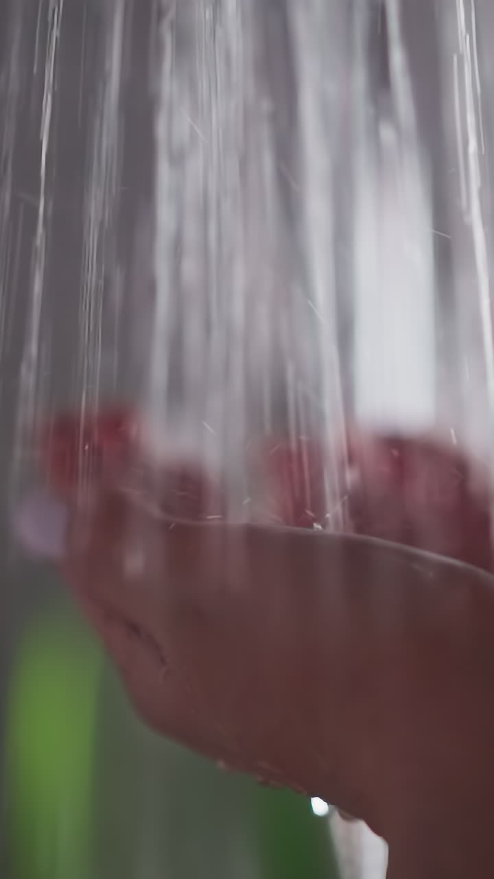 mujer disfruta de agua caliente sosteniendo las manos bajo una corriente fuerte. dama lavándose las manos en un baño oscuro. mujer tomando el sol bajo agua caliente en una ducha oscura