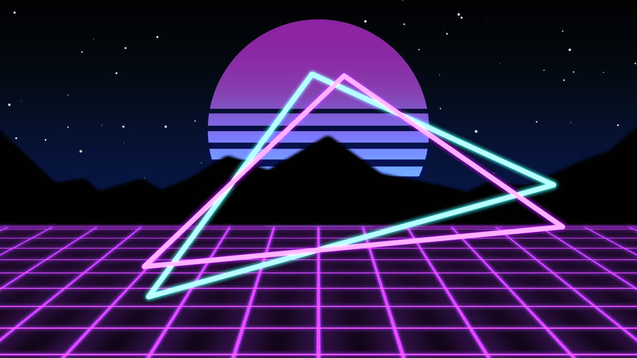 montañas futuristas metrópolis iluminada por neón con instalación de arte triangular