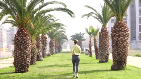 woman running backwards down an avenue with palm trees and grass moving away from the camera