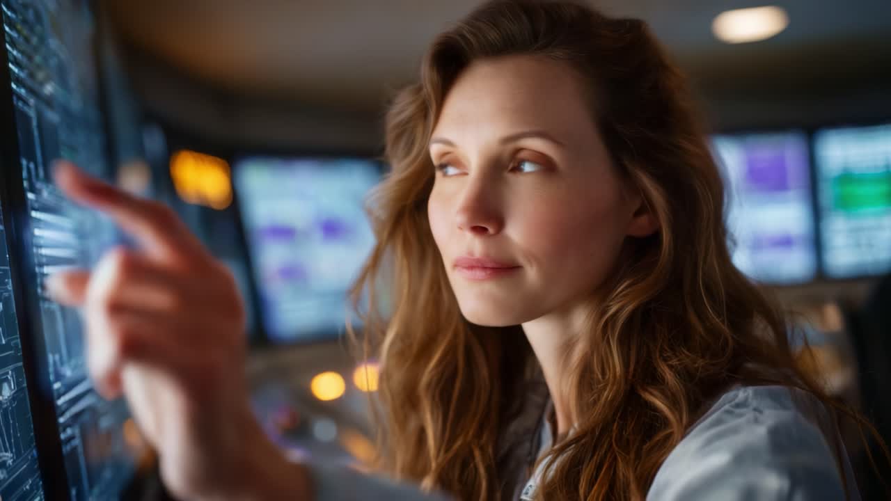 Focused Controller Analyzing Data in High-Tech Command Center, Engaged with Complex Digital Interfaces and Information Displays for Operational Efficiency