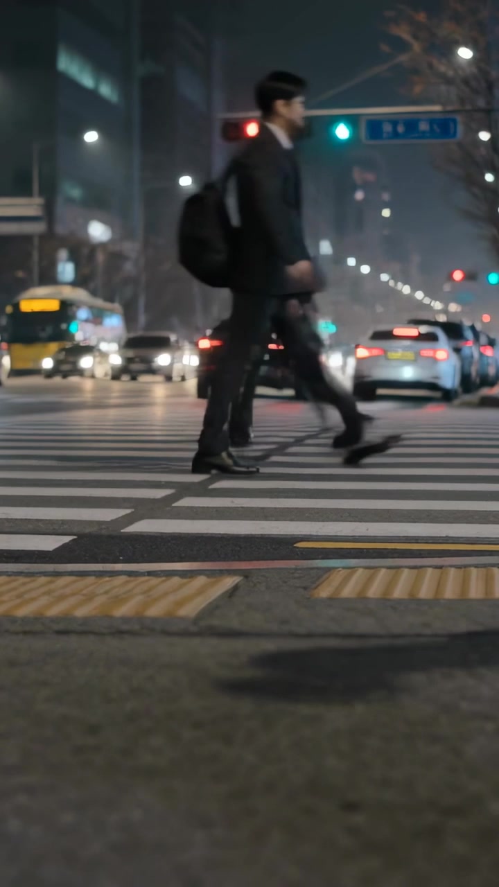 Vertical video: Walking man in dark suit commuting across zebra at night red light stopping cars