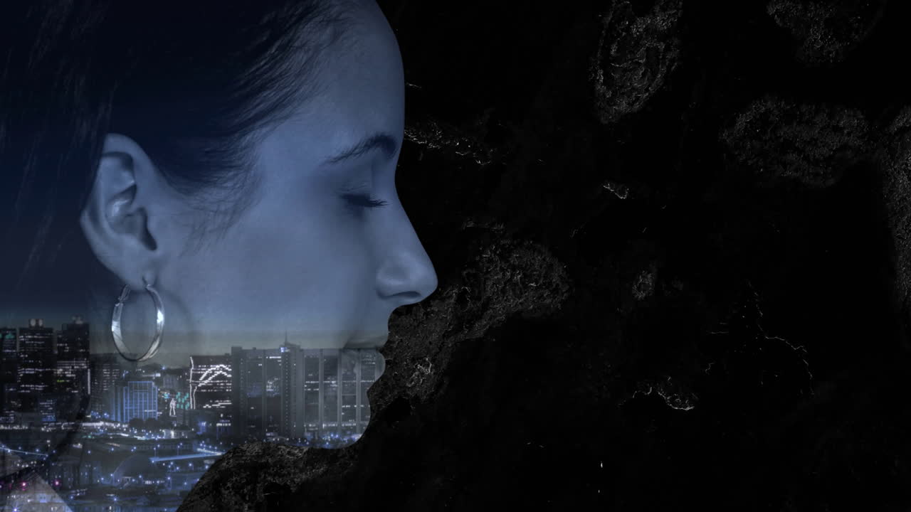 Cityscape blending with silhouette of woman's face, creating urban animation effect