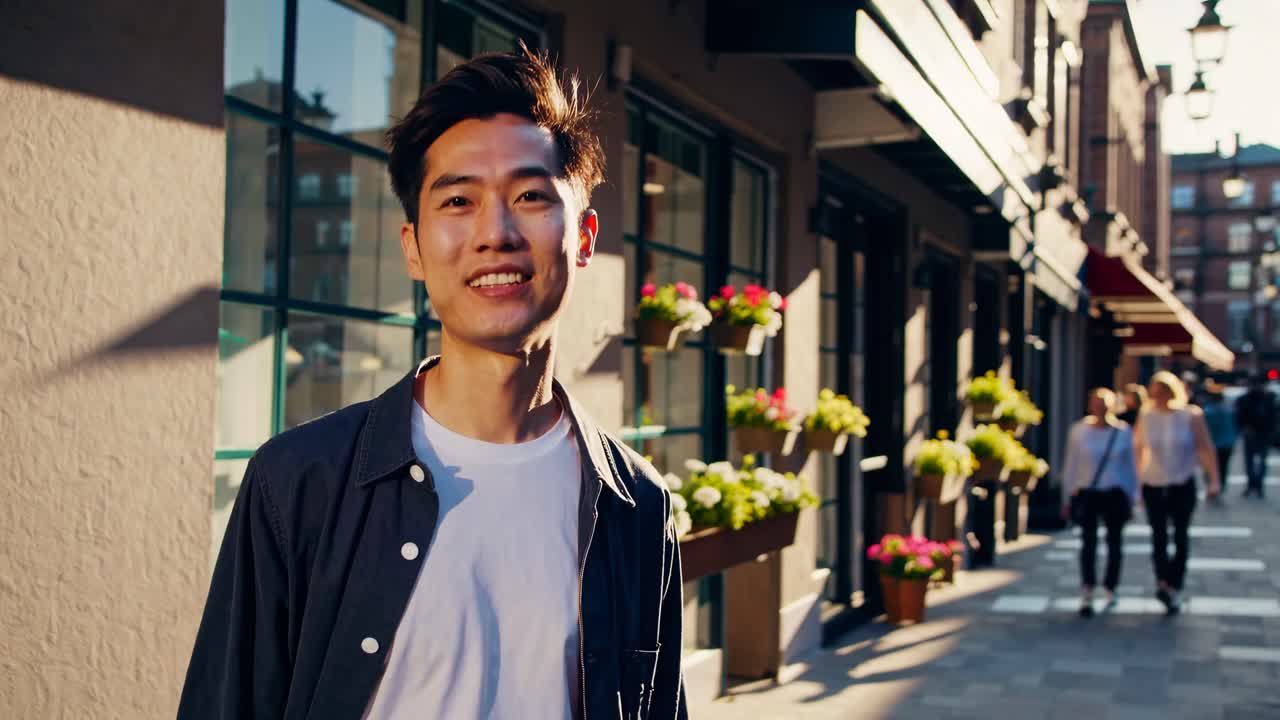 Video of a person smiling on a sunlit street, capturing a vibrant urban atmosphere