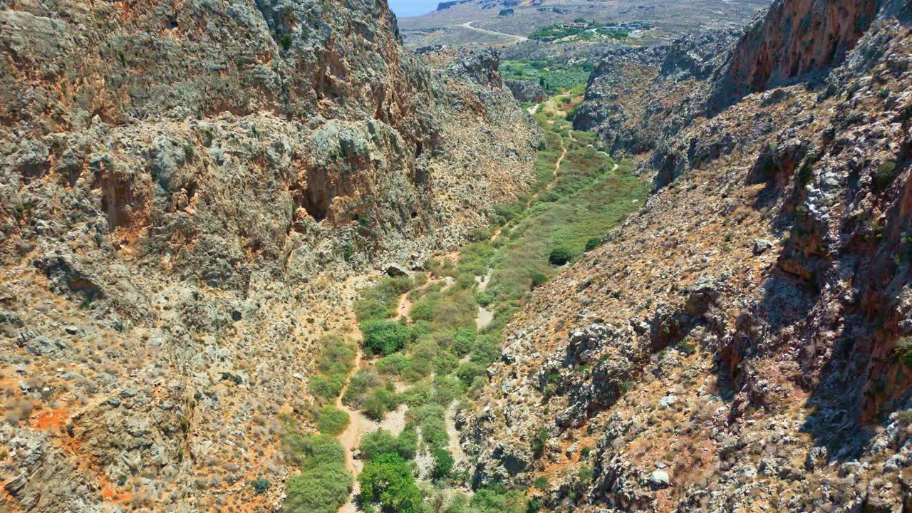 Green vegetation lining the bottom of the steep, rocky Zakos Gorge in Crete.