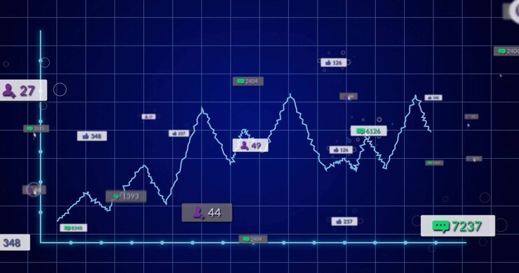 Animated line graph growing from dark blue grid, updating viewer badges and chat counts, receding
