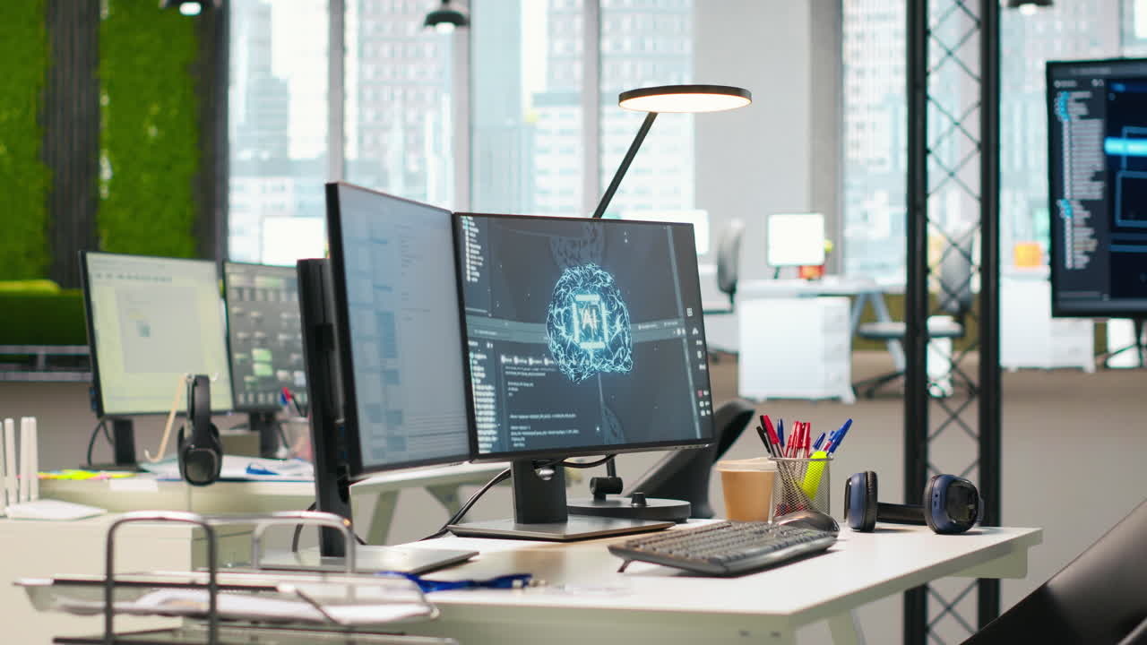 Pc In Empty Tech Startup Office Displaying Ai Neural Networks