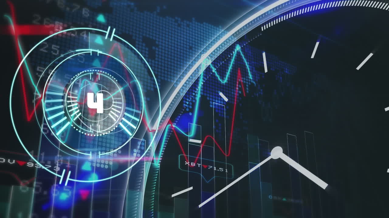 세계 지도를 통해 주식 시장 데이터 처리에 대한 둥근 스캐너를 통해 카운트다운의 애니메이션