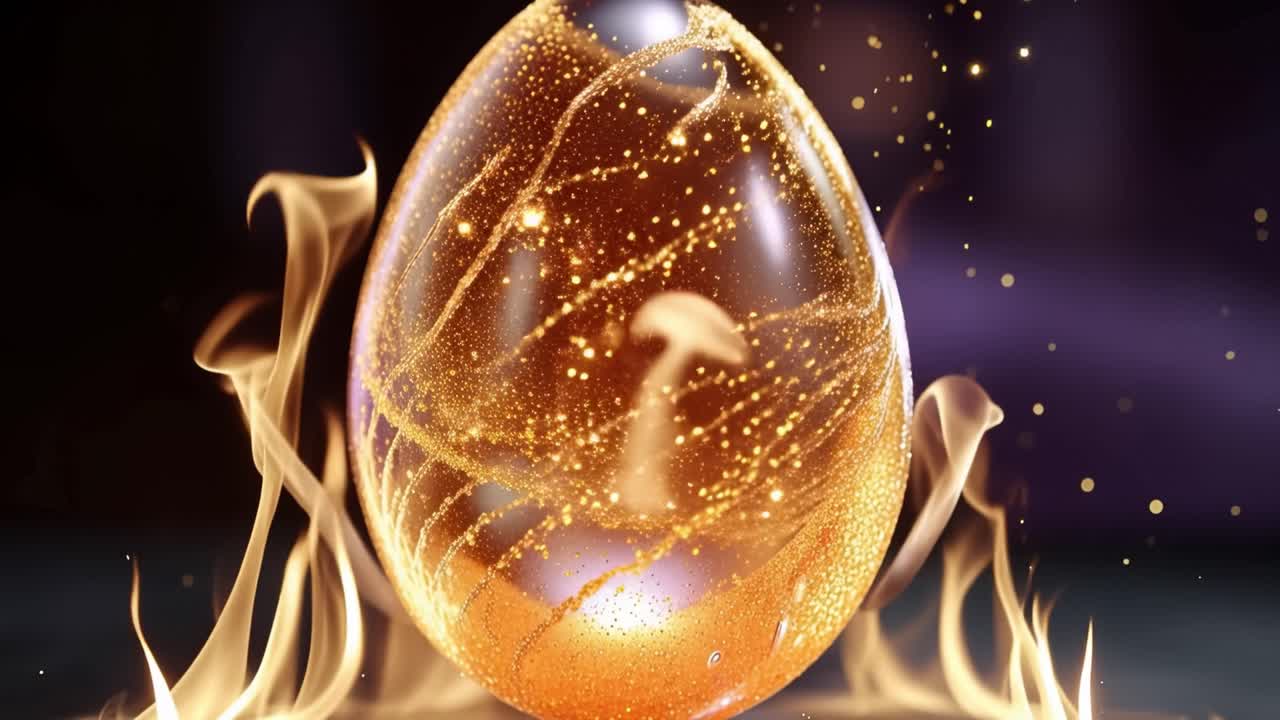 Un œuf doré brille d'une lumière magique, entouré de feu. Des étincelles volent autour de sa surface, créant une atmosphère mystique. Parfait pour les scènes de fantasy, de fêtes ou de transformation