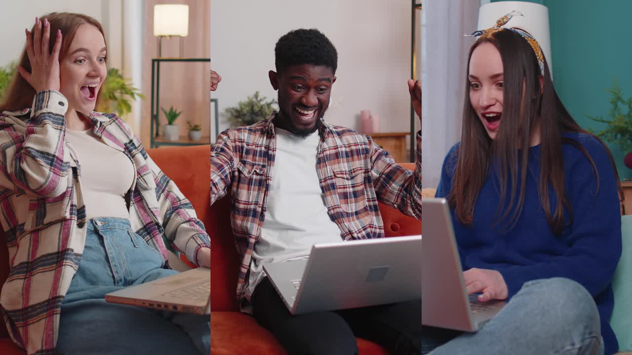 Young adult people at home office use laptop pc typing browsing say wow yes found out great big win