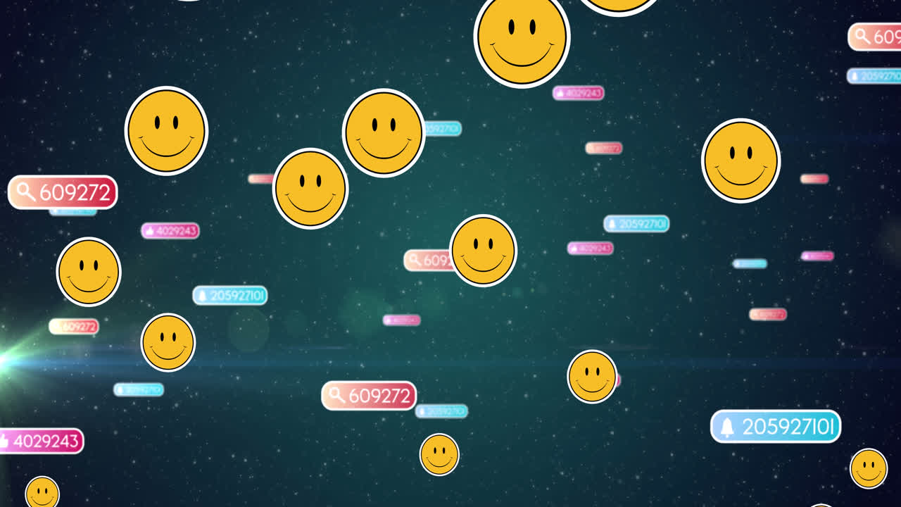 어두운 배경 위에 떨어지는 소셜 미디어 아이콘과 이모지 애니메이션