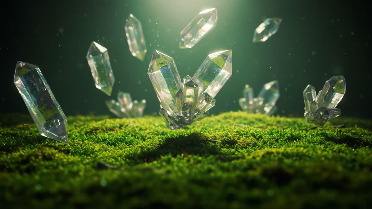 Stunning Display of Crystals Emerging from a Vibrant Green Mossy Surface, Highlighted by Ethereal Light to Create a Magical Atmosphere