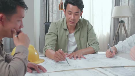 group of asian engineers discuss about work at the office