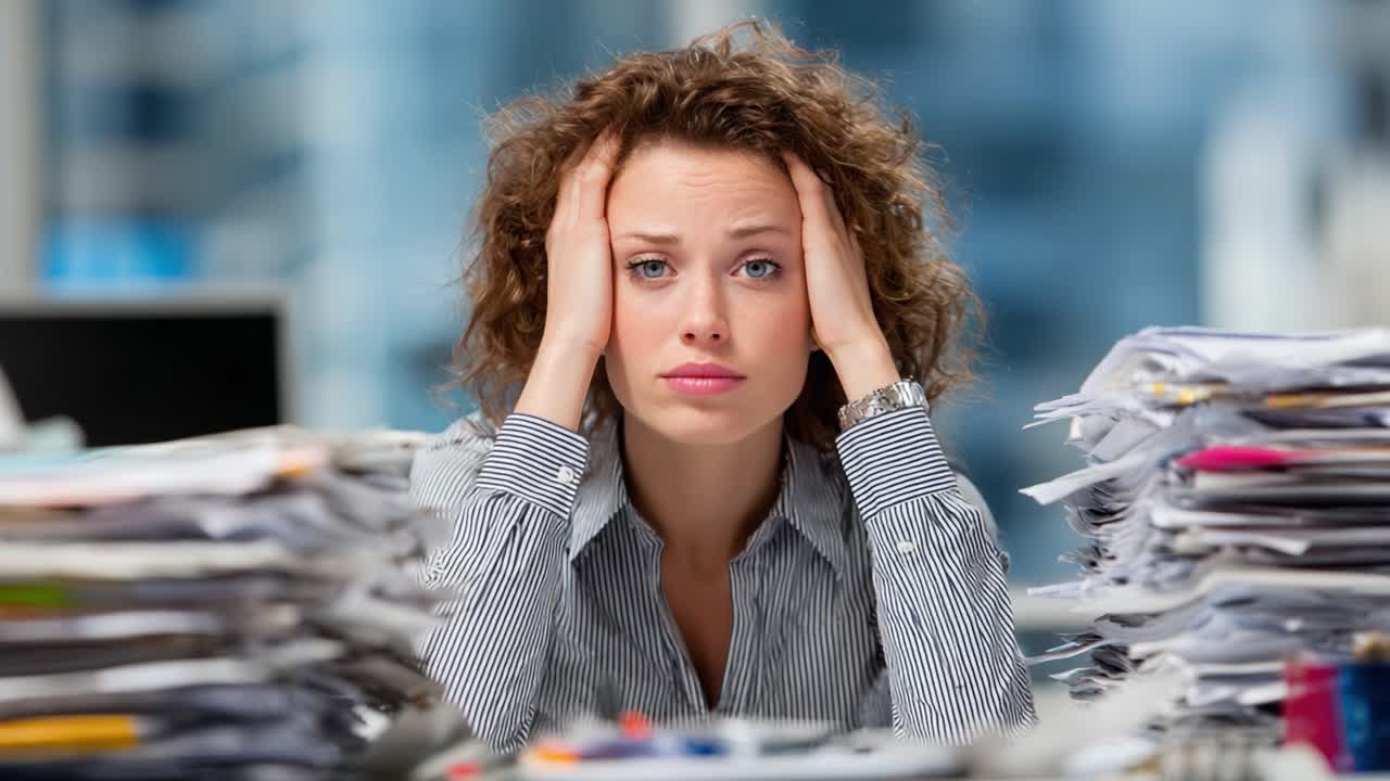 A Young Woman in a Strained Situation with Documents Stacked Around Her, Expresses Stress and Overwhelm Amidst a Chaotic Work Environment