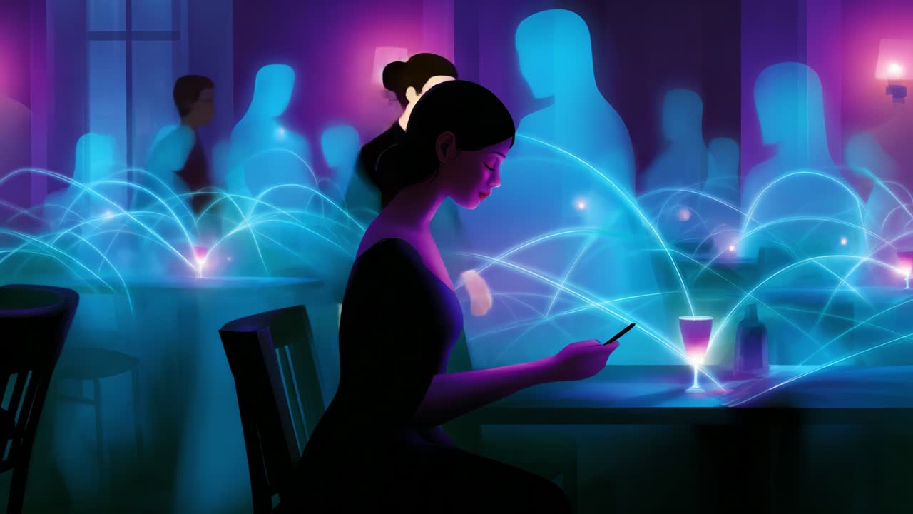 A Deep Connection Amidst the Technology-Infused Nightlife: Exploring the Contrast Between Digital Interaction and Social Presence in a Stunning Artistic Interpretation of Modern Communication
