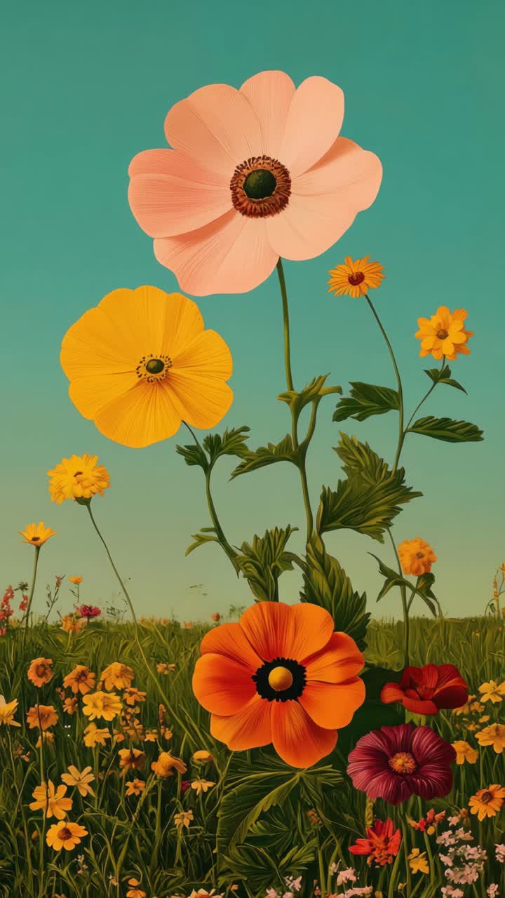 Vibrant wildflowers against a clear sky, captured from a low angle