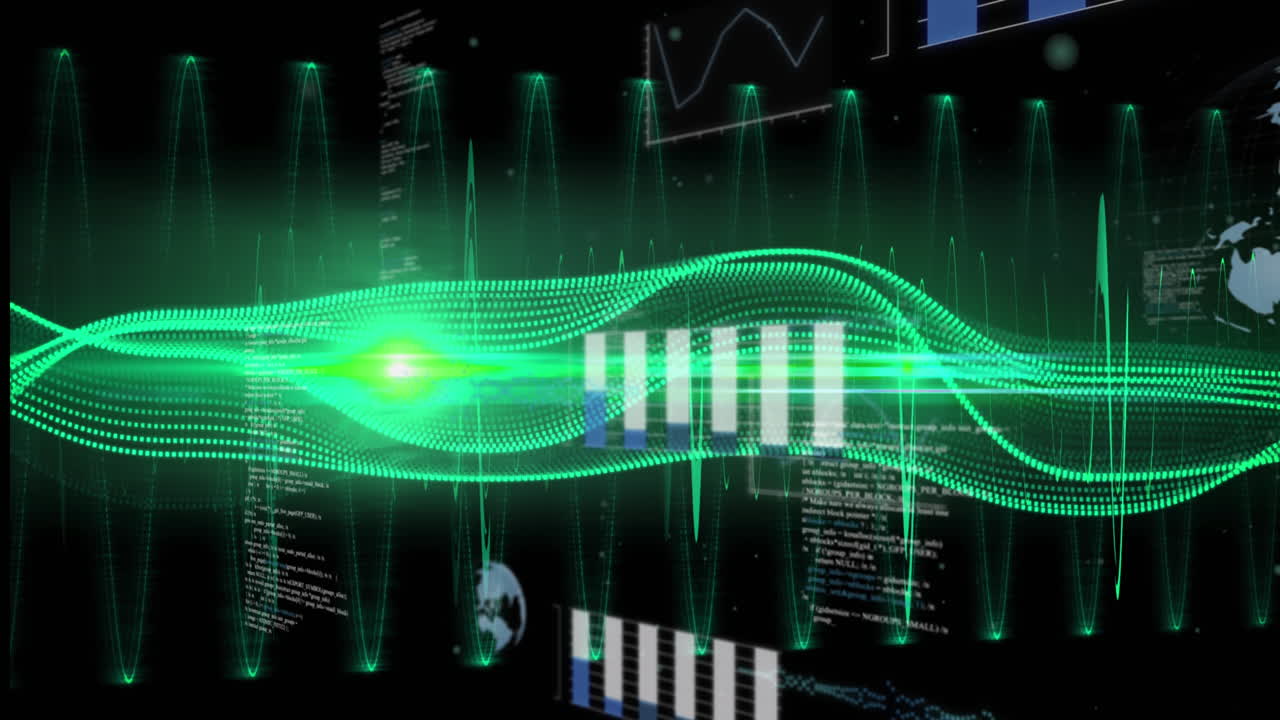 Animation of green digital wave and light spot over statistical data processing on black background