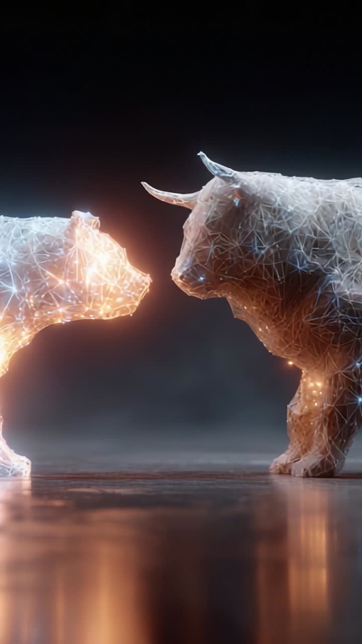 Un encuentro dinámico: una visualización artística de un toro y un oso en un entorno 3D cautivador, que destaca sus rasgos y energías distintivas