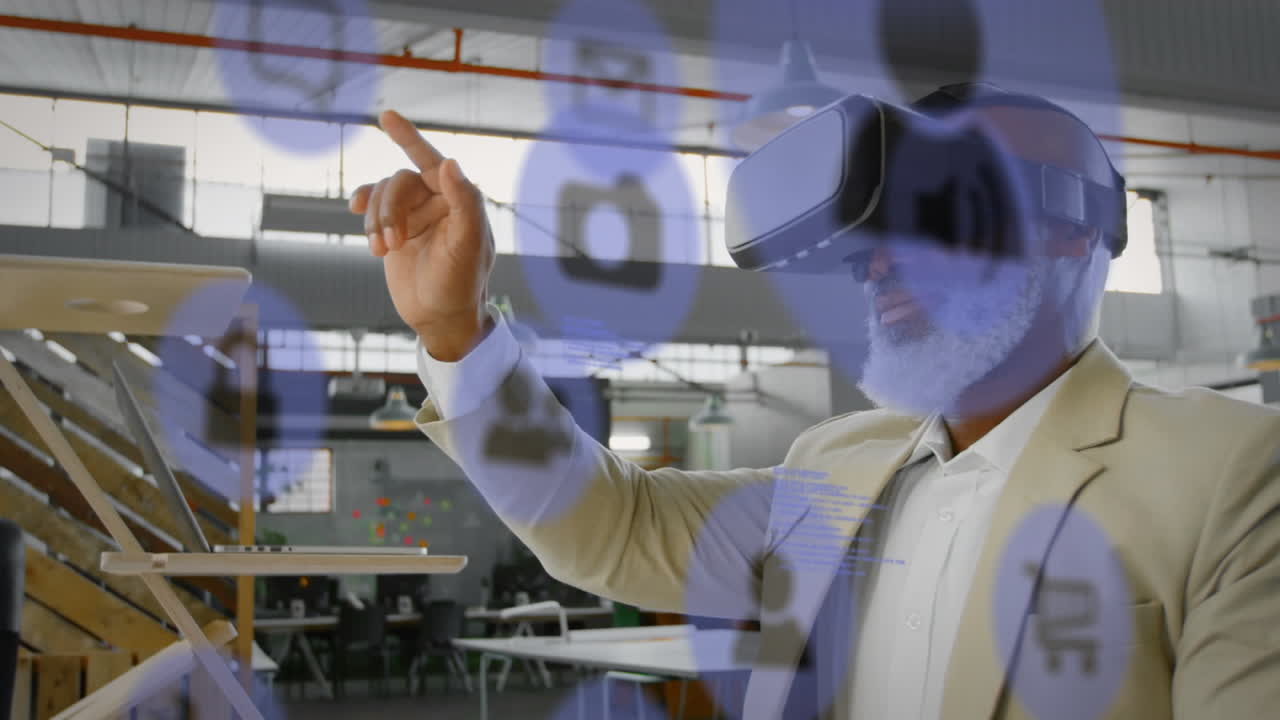 Animation of social media icons and data processing over african american man wearing vr headset