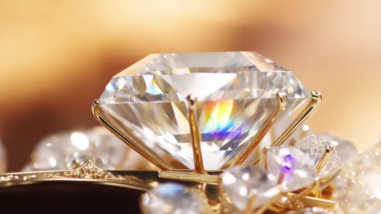 Glittrande diamant i guldklor fångar ljus från utsidan av bilden i en närbild i studio, och visar regnbågsreflexer.