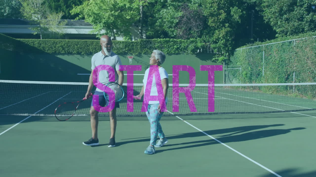 Playing partners standing on tennis court holding rackets, showing magenta START text for health