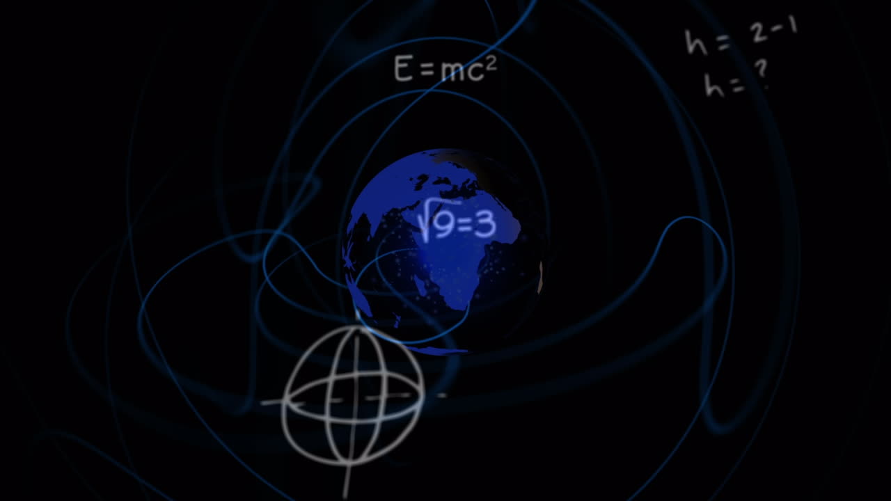 Animation of rotating globe and math formulas on black background