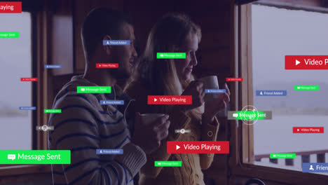 animation of texts, icons over notification bars, caucasian couple spending quality time with coffee
