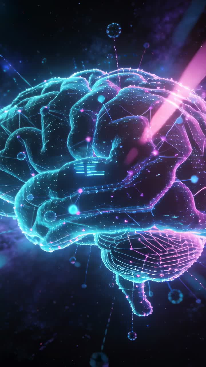 Neon brain rotating pulsing in void, magenta beam sweeping, firing nodes, settling to glow for tech
