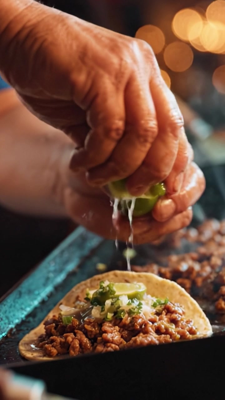 Lækre tacos under tilberedning: Frisk lime presses over smagfuldt hakket kød med løg og koriander for en autentisk kulinarisk oplevelse.